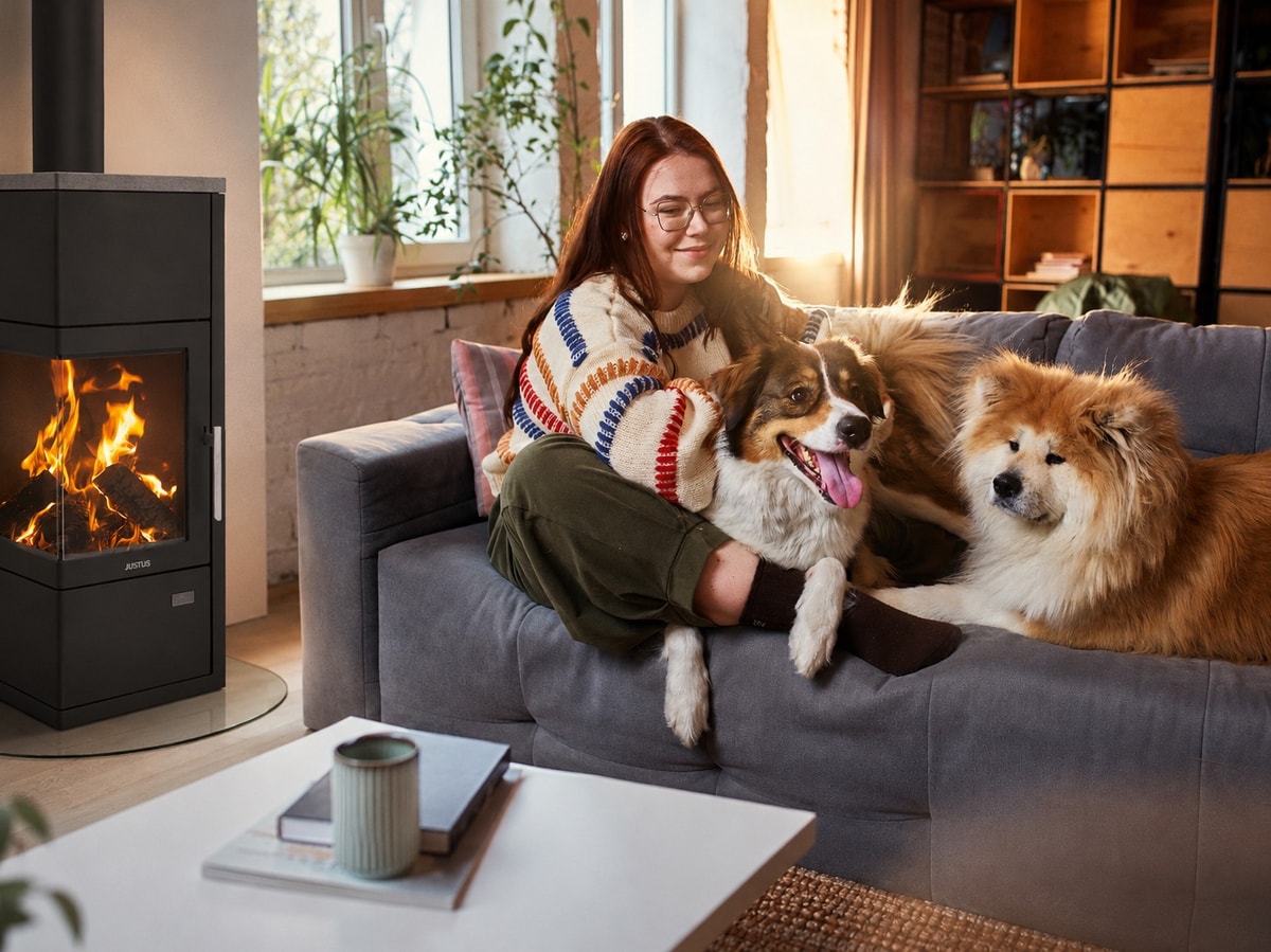 Frau sitzt mit Hunden am Sofa neben dem Kaminofen JUSTUS Diego