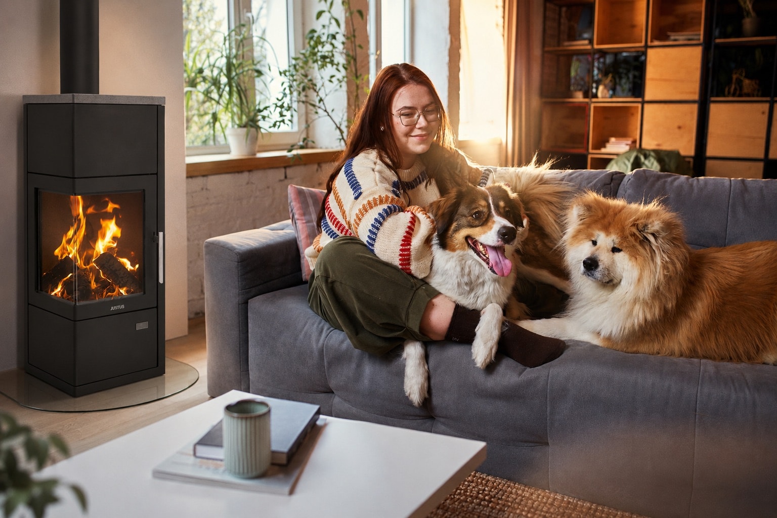 Frau sitzt mit Hunden am Sofa neben dem Kaminofen JUSTUS Diego